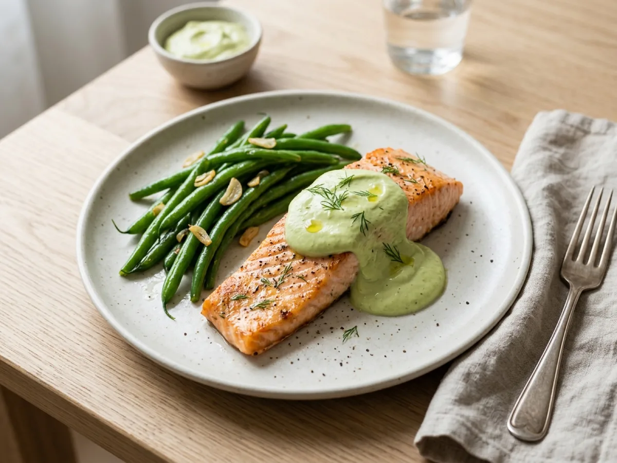 Ugnsbakad lax med avokadokräm och vitlöksstekta haricots verts — receptbild