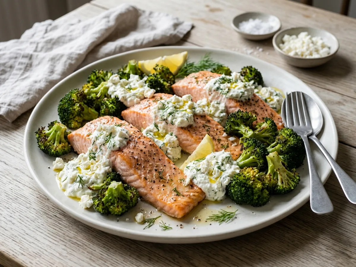 Baked Salmon with Broccoli and Feta Cream — recipe photo