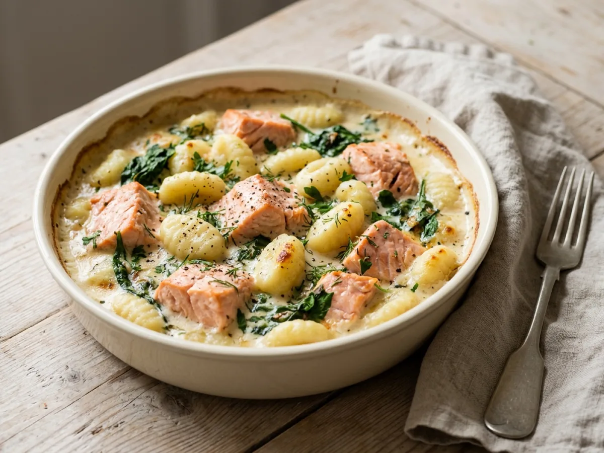 Lax i ugn med krämig gnocchi — receptbild