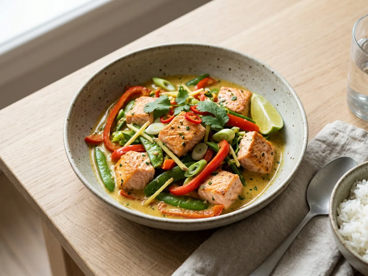 Krämig laxwok med curry och kokosmjölk — receptbild