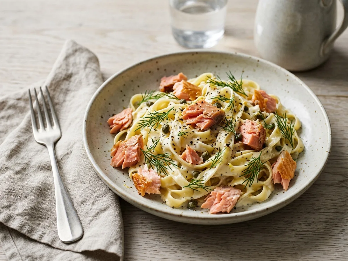 Krämig pasta med varmrökt lax — receptbild