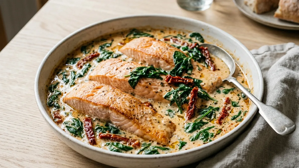 Salmon in Creamy Sun-Dried Tomato and Spinach Sauce