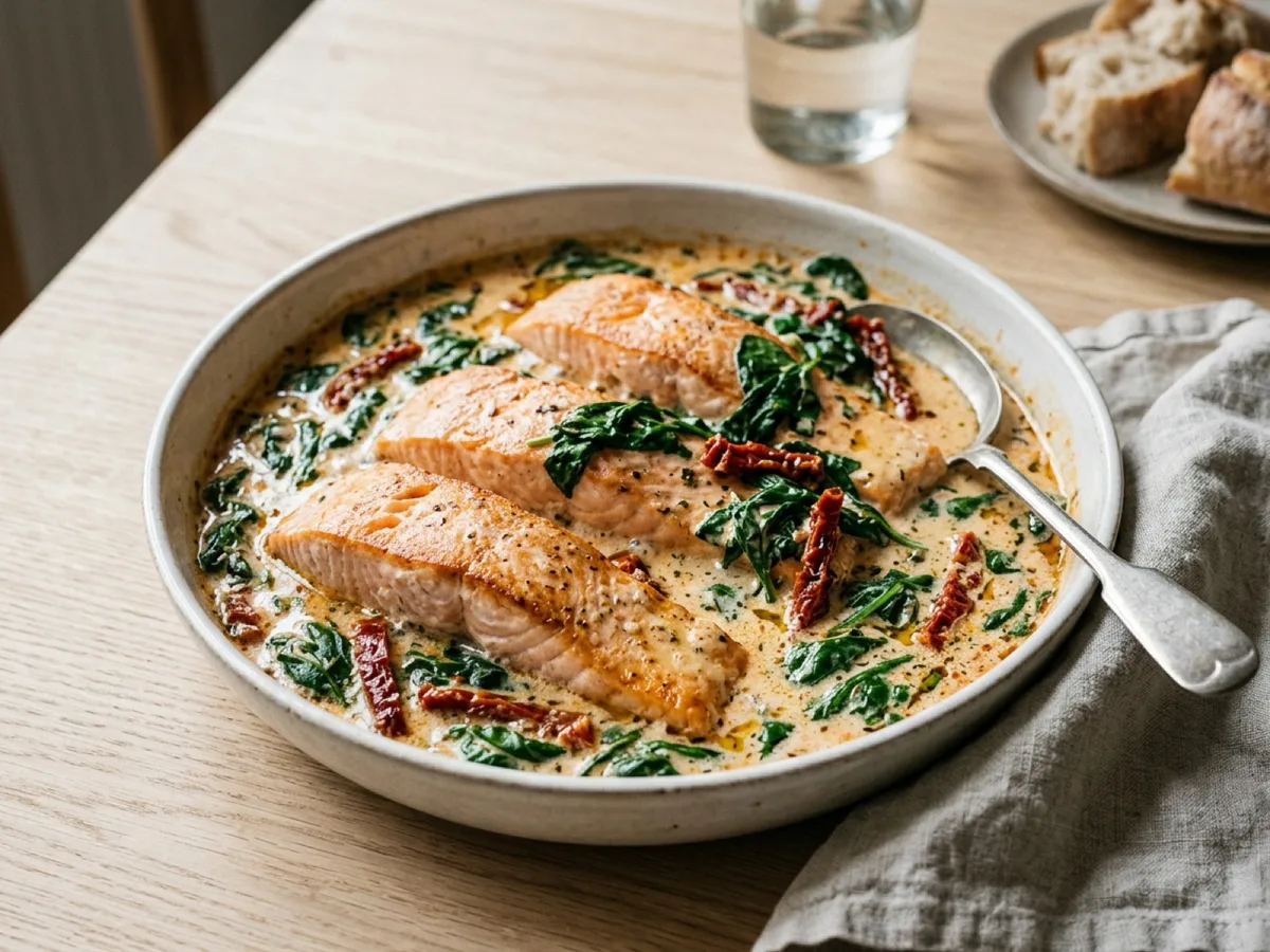 Salmon in Creamy Sun-Dried Tomato and Spinach Sauce — recipe photo