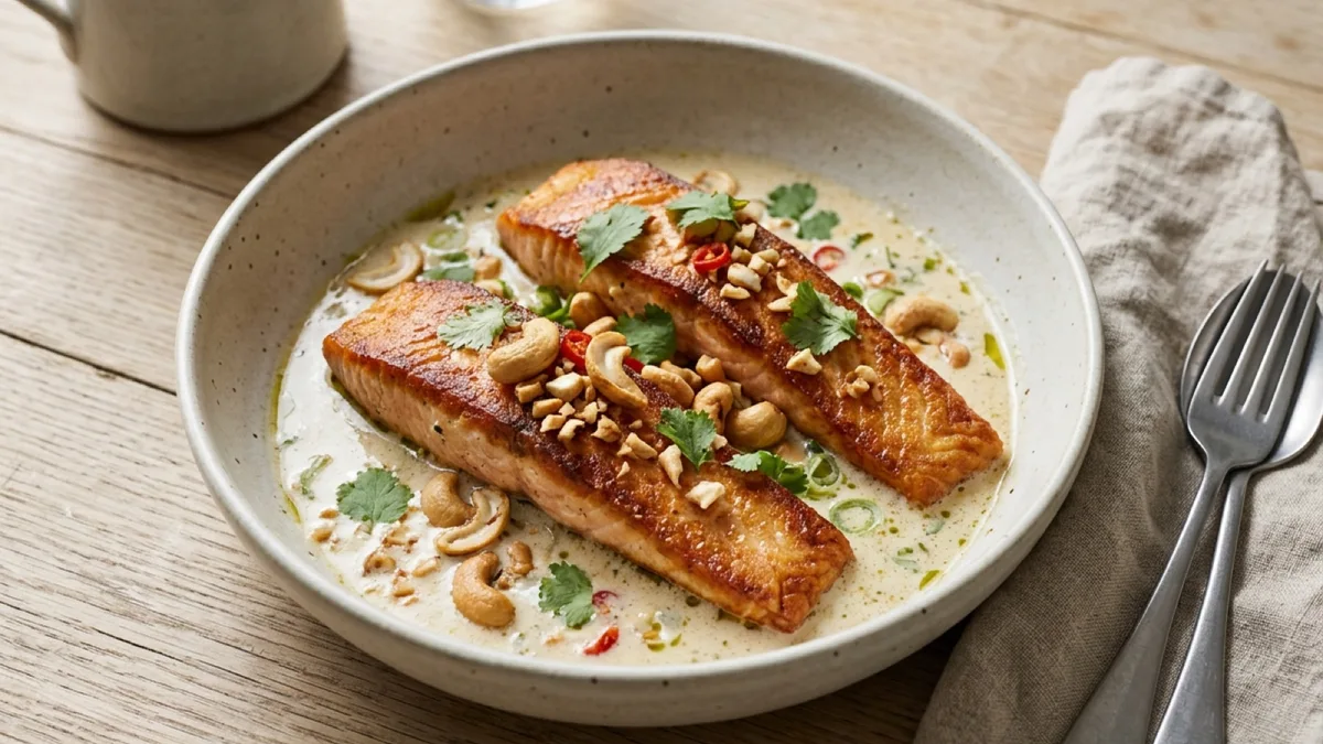 Crispy Salmon in Coconut Sauce with Cashews