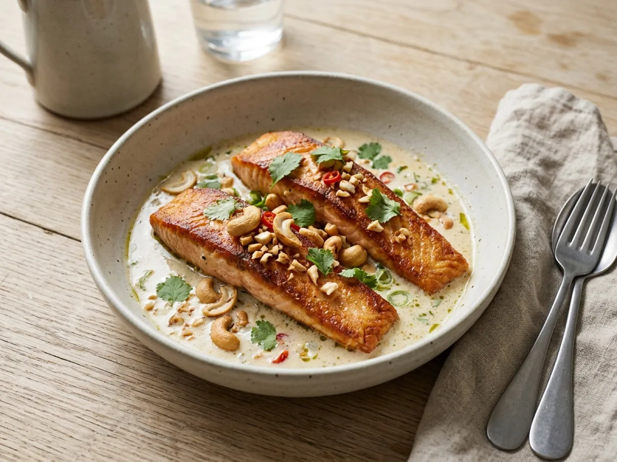 Crispy Salmon in Coconut Sauce with Cashews — recipe photo