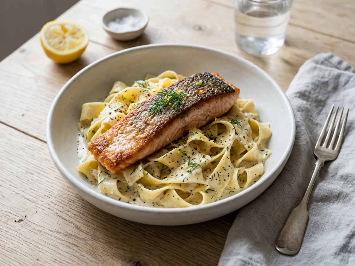Crispy Salmon with Creamy Pappardelle — recipe photo