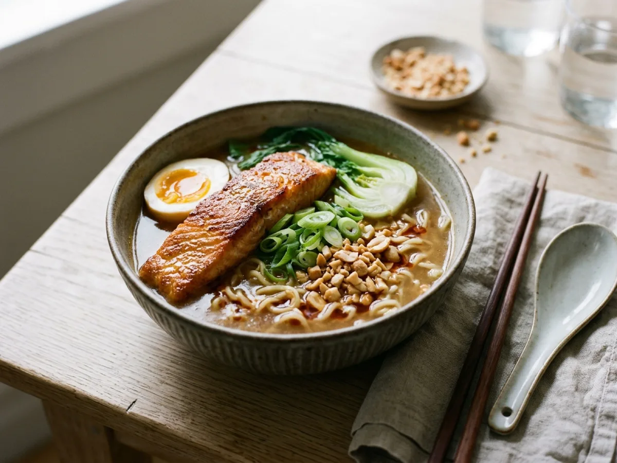 Ramen with Crispy Salmon and Peanuts — recipe photo
