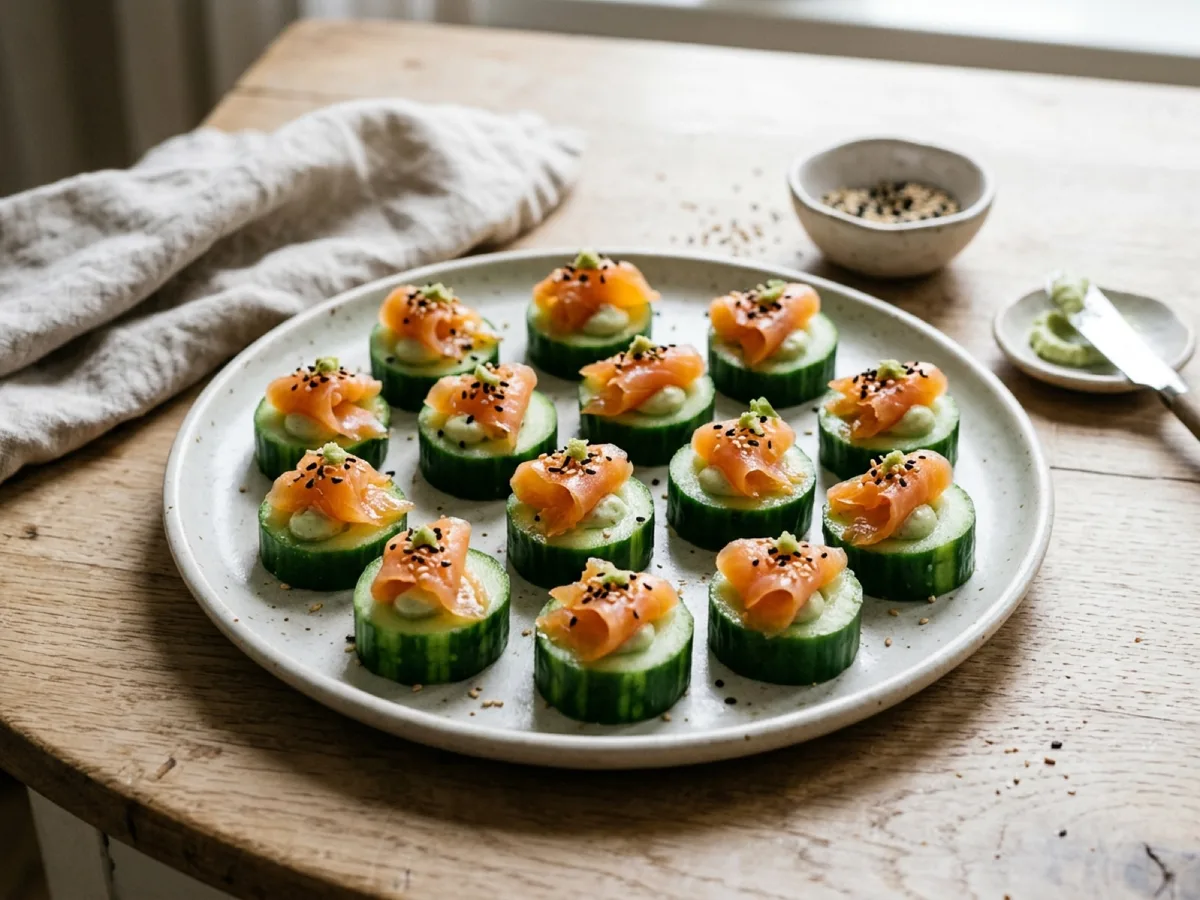 Cucumber Bites with Cold-Smoked Salmon, Wasabi and Sesame — recipe photo