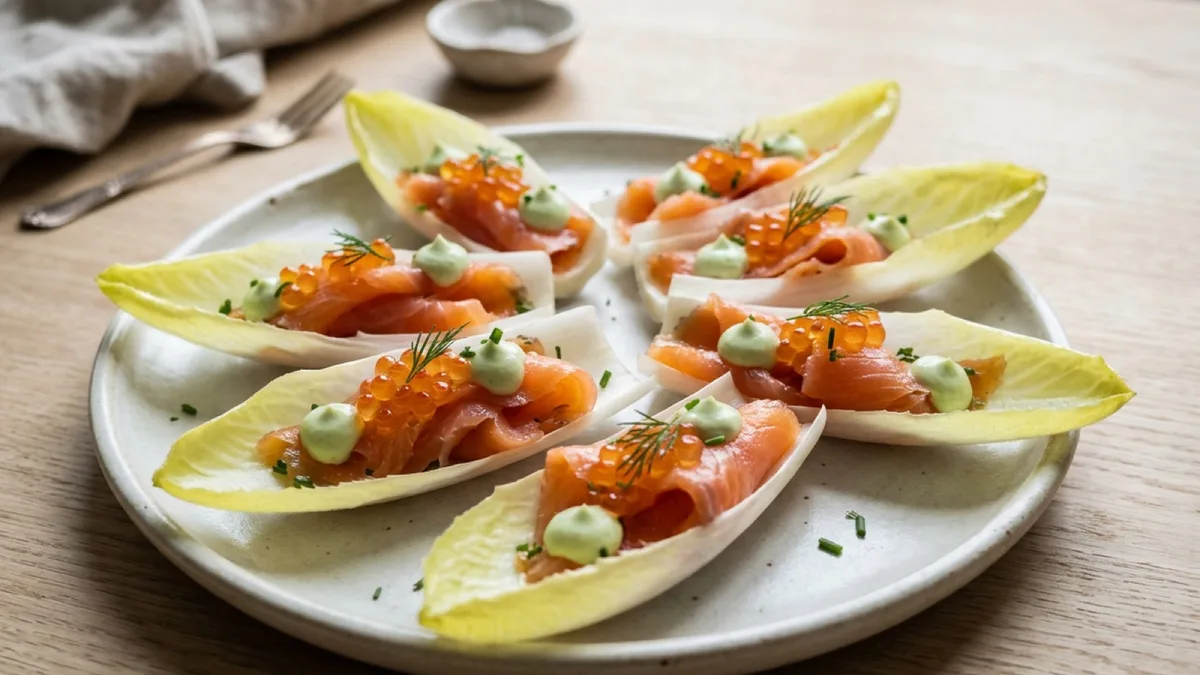 Endive with Salmon, Wasabi Cream and Trout Roe