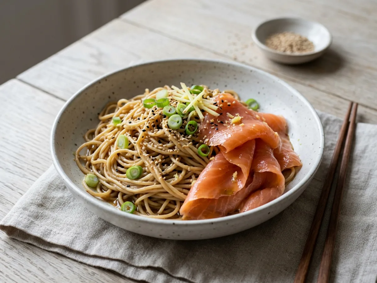 Sesame Noodles with Ginger-Marinated Cold-Smoked Salmon — recipe photo