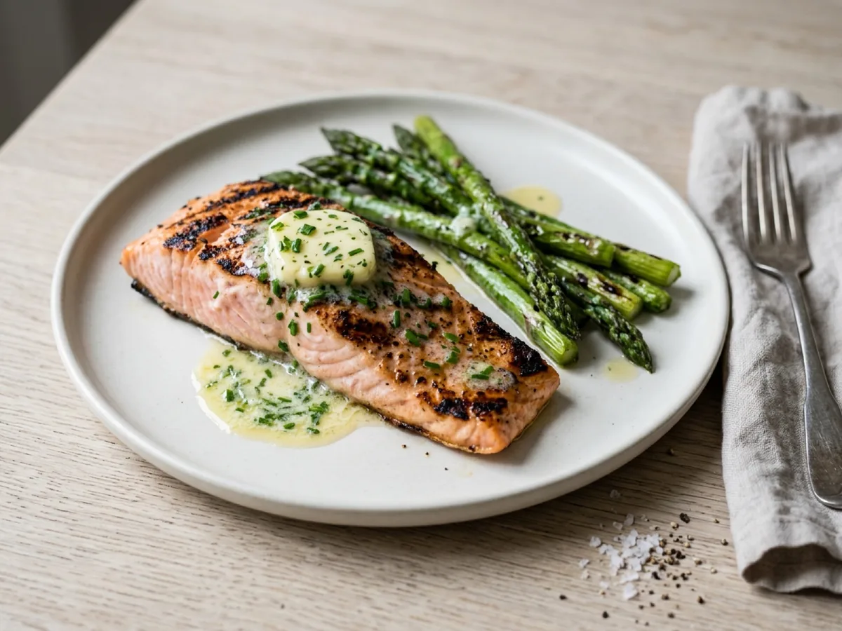 Grillad laxfilé med sparris och gräslökssmör — receptbild
