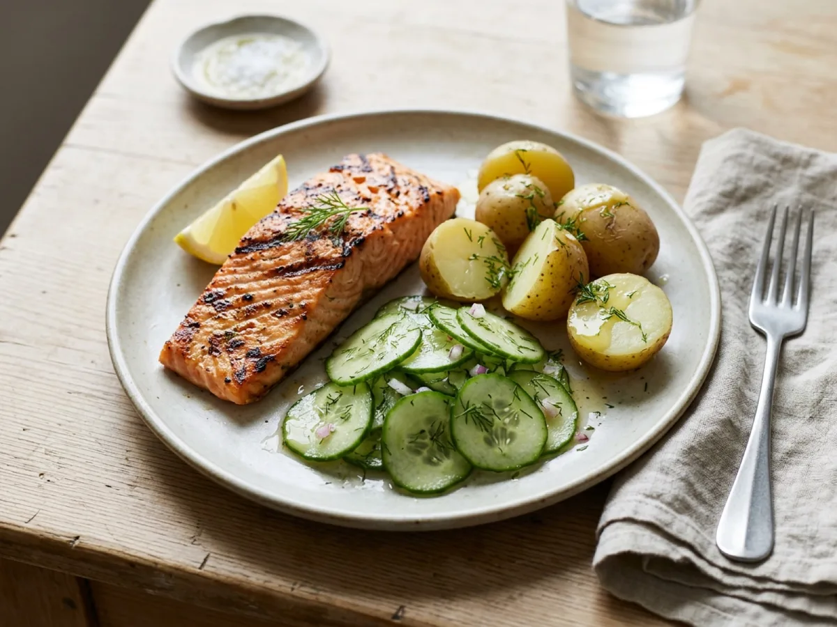 Grilled Salmon with Cucumber Salad and Potatoes — recipe photo