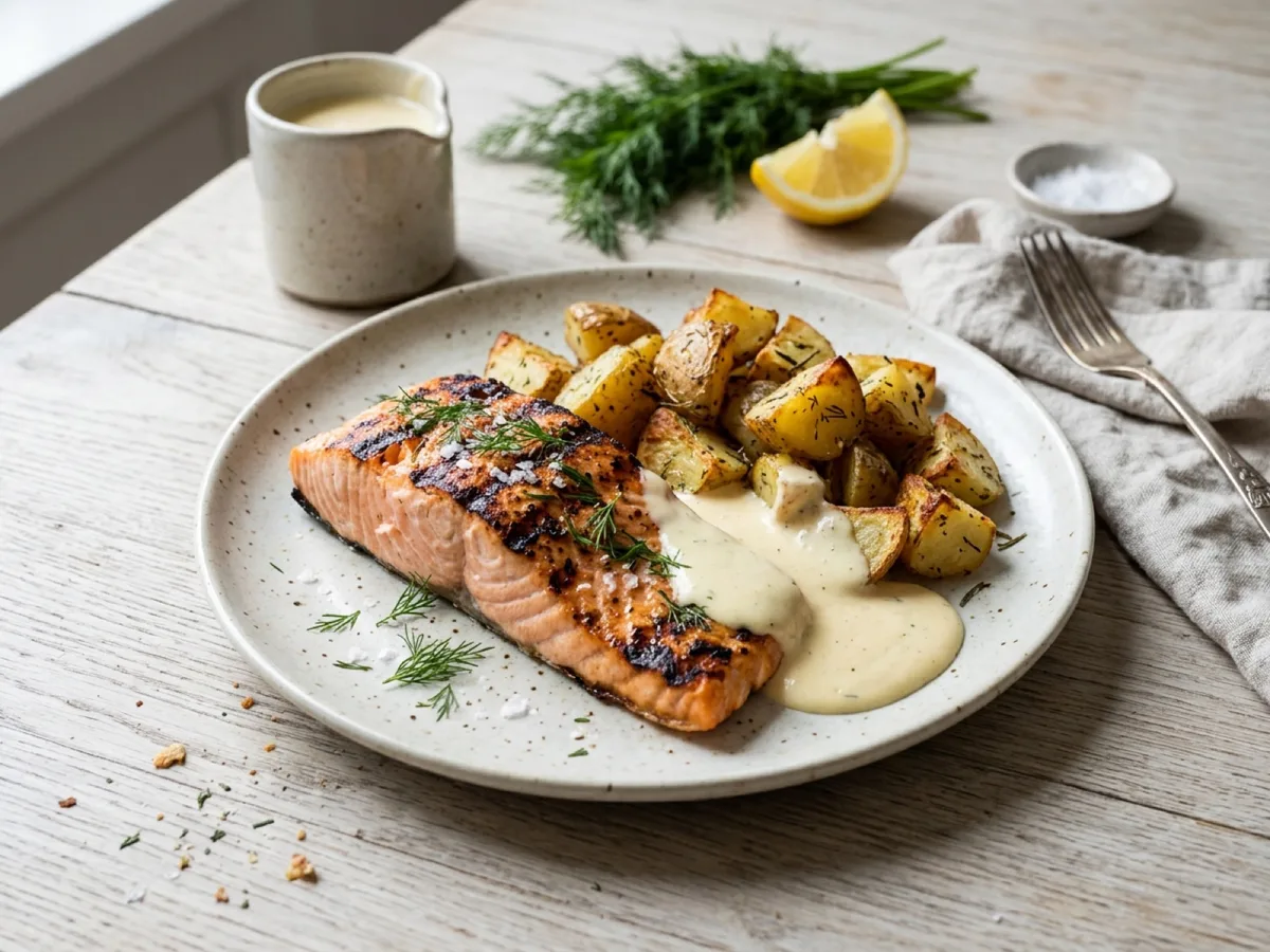Grillad laxfilé med rostad färskpotatis och Västerbottenssås — receptbild