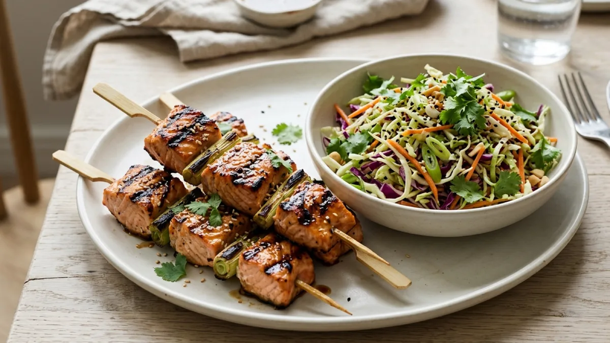 Grilled Salmon Skewers with Asian Coleslaw