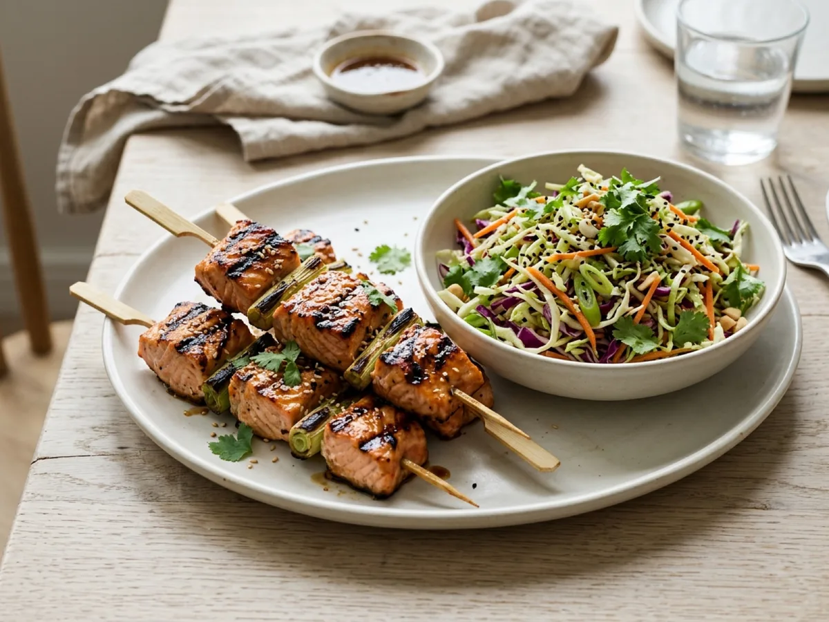 Grillade laxspett med asiatisk coleslaw — receptbild