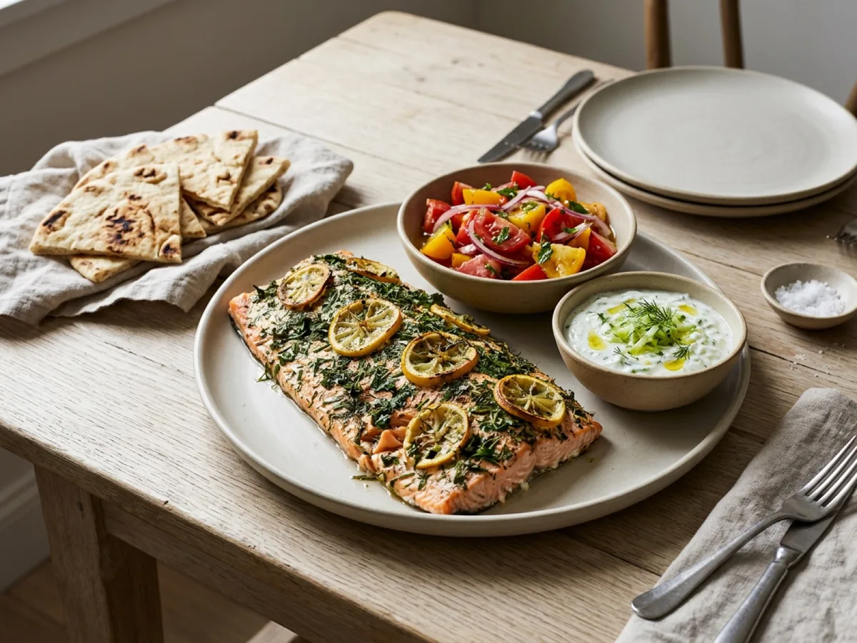 Herb-Baked Salmon with Tomato Salad, Tzatziki and Pita — recipe photo