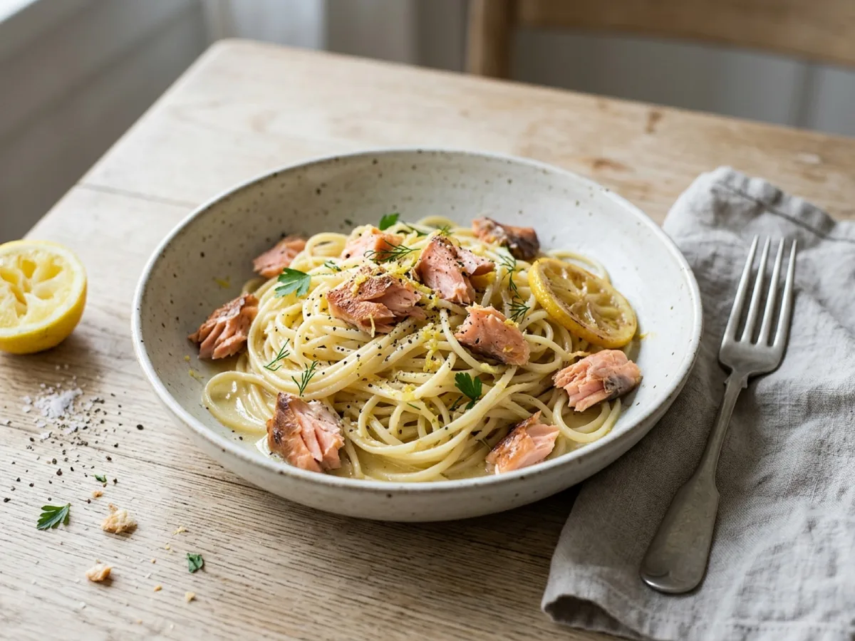 Pasta al limone med varmrökt lax — receptbild