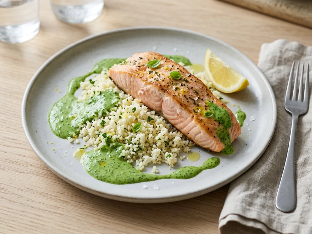 Louise-Style Salmon with Cauliflower Couscous and Basil Cream — recipe photo