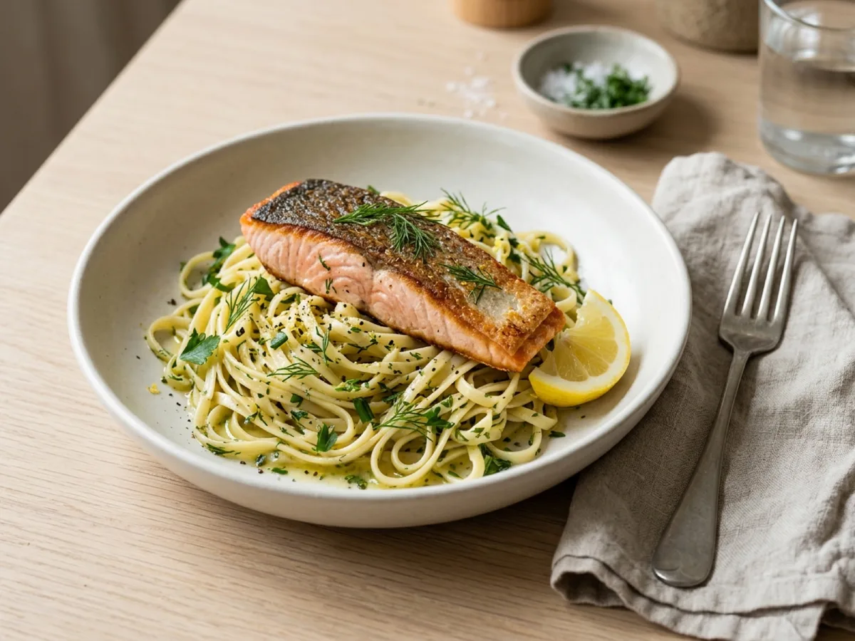 Stekt lax med örtdoftande pasta — receptbild