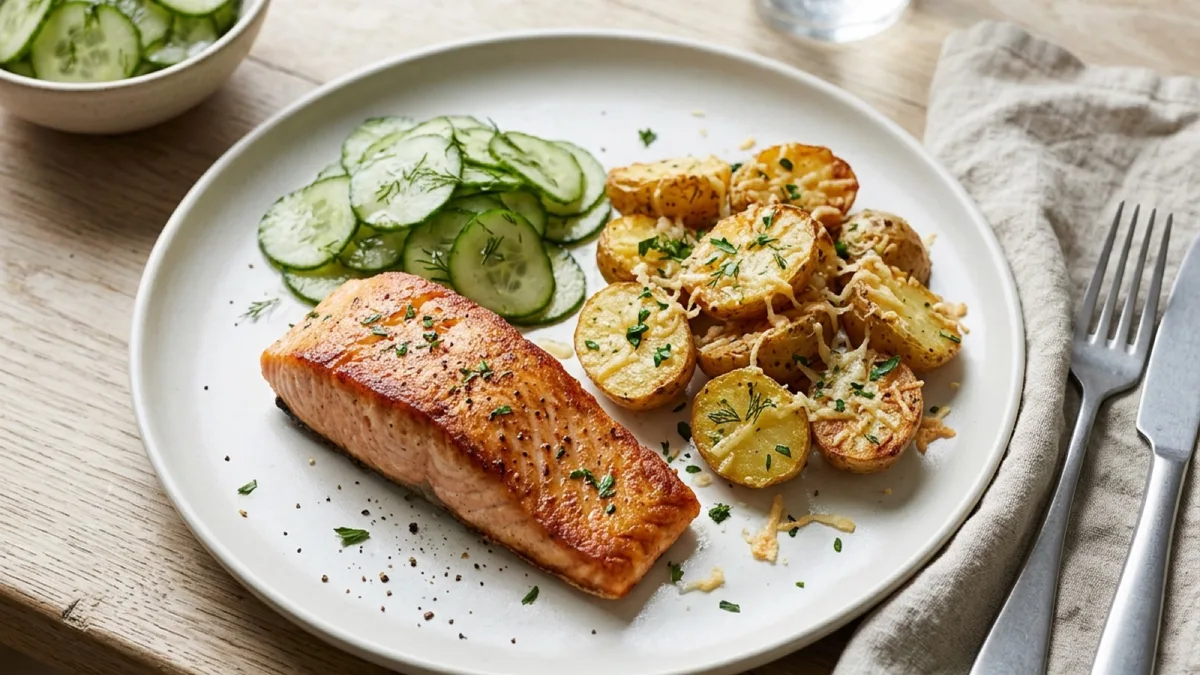Pan-Fried Salmon with Parmesan Potatoes and Cucumber Salad
