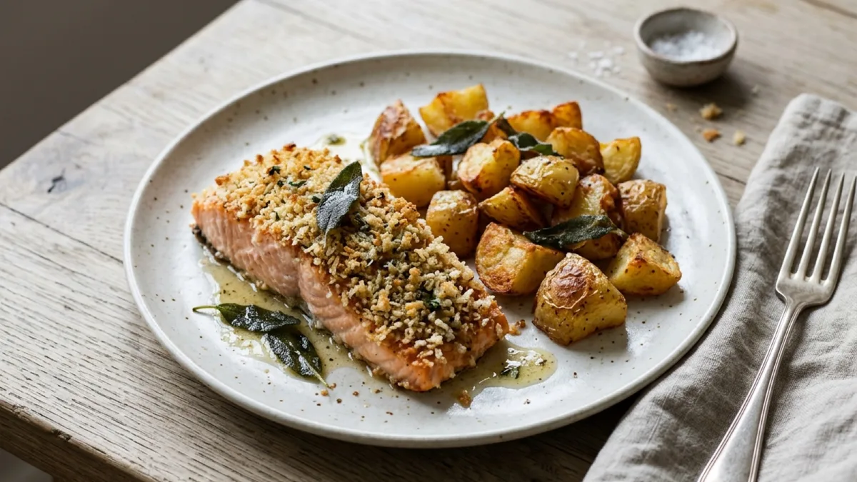 Panko-Crusted Salmon with Roast Potatoes and Sage Butter