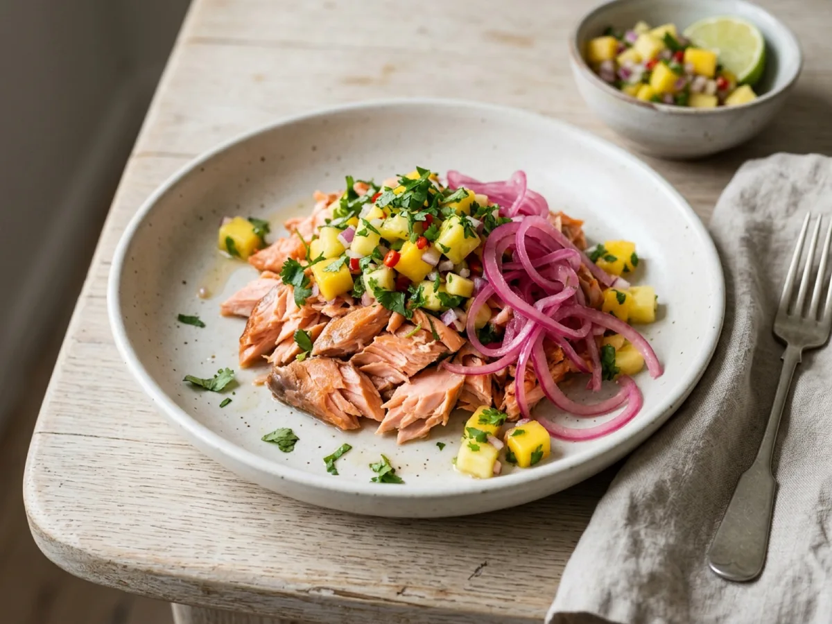 Pulled Salmon with Pickled Red Onion and Tropical Salsa — recipe photo