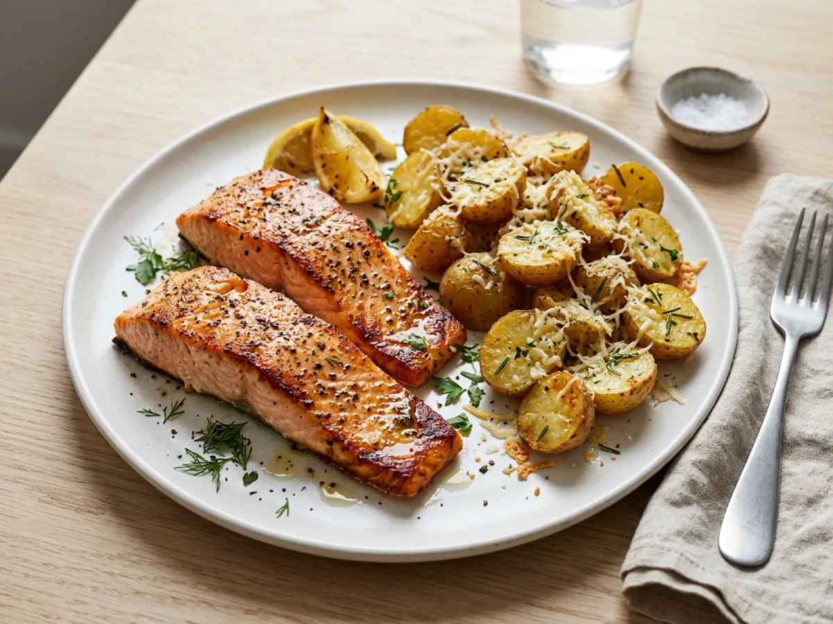 Roast Salmon with Parmesan-Tossed Potatoes — recipe photo