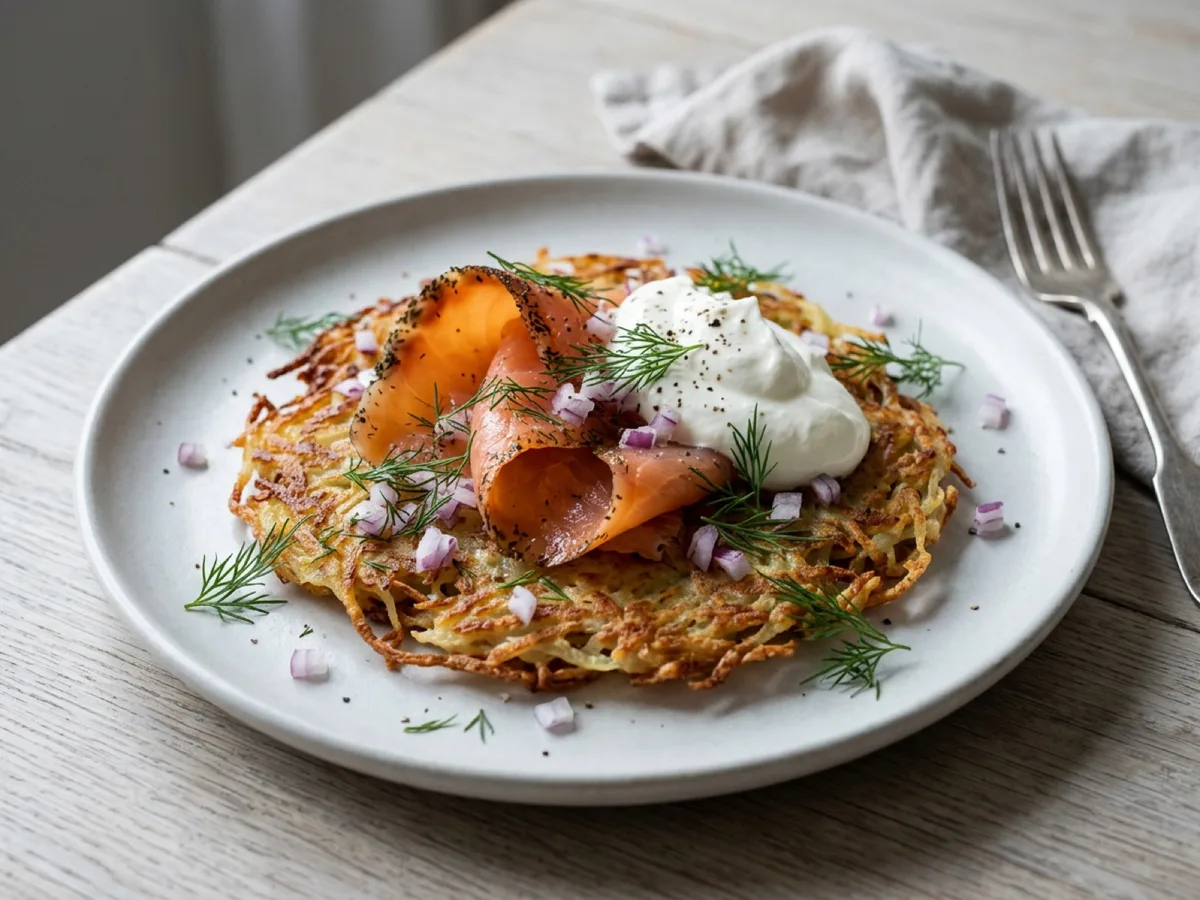 Potato Rösti with Gravlax, Smetana, Onion and Dill — recipe photo