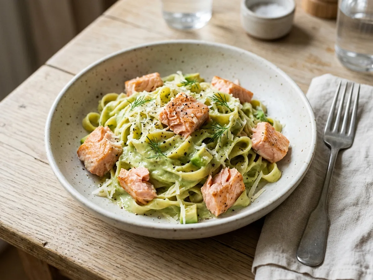 Salmon Pasta with Avocado-Parmesan Cream — recipe photo