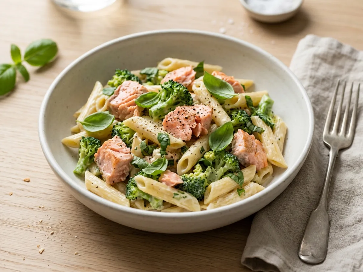 Lax med basilika och krämig broccolipasta — receptbild