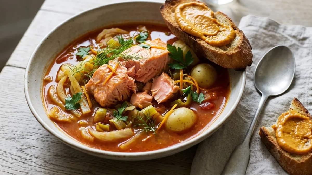 Provençal Salmon Bouillabaisse with Orange and Rouille