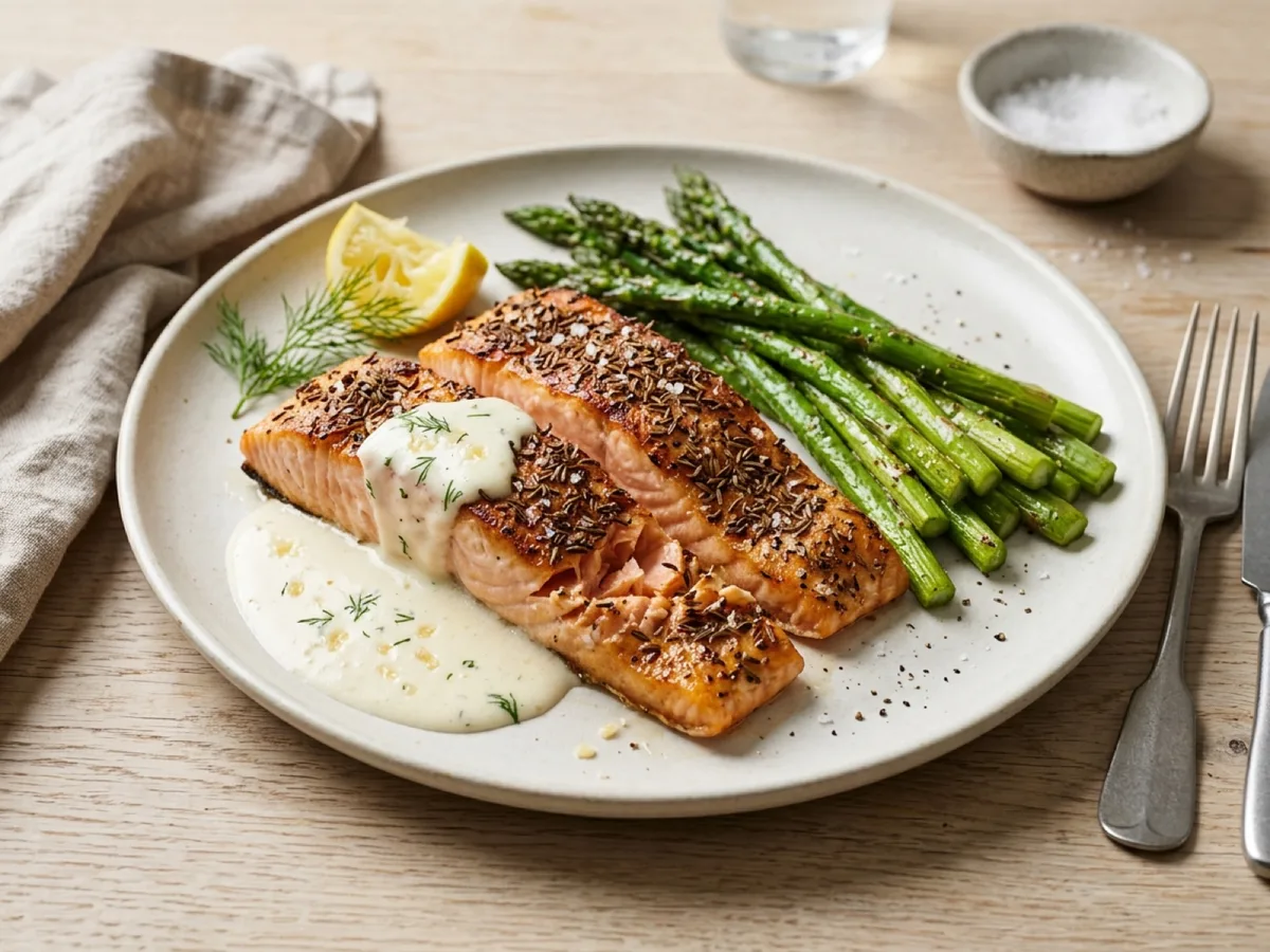 Caraway-Rubbed Salmon with Asparagus and Västerbotten Sauce — recipe photo