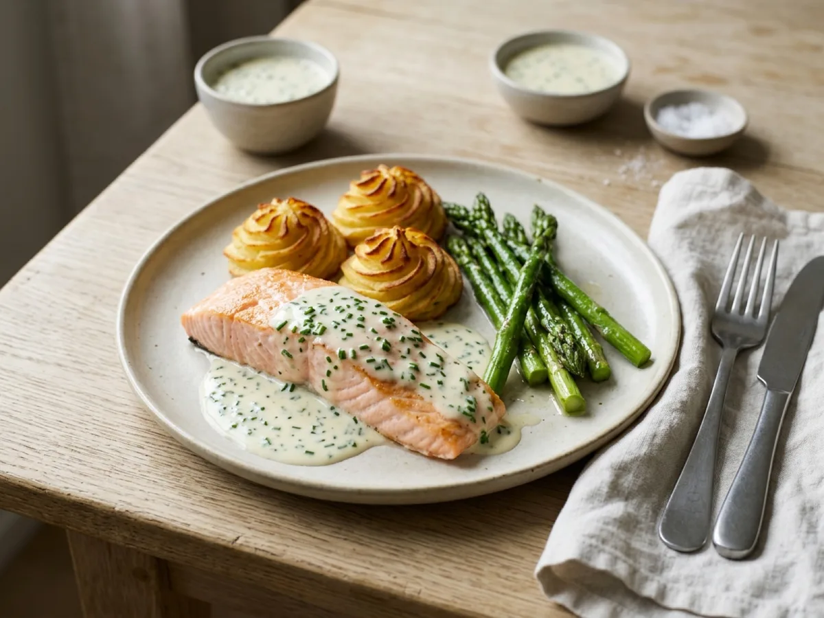 Laxfilé med duchessepotatis, gräslökssås och sparris — receptbild