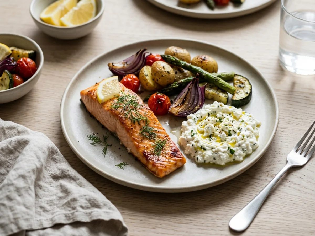Salmon with Feta Cream and Roasted Vegetables — recipe photo