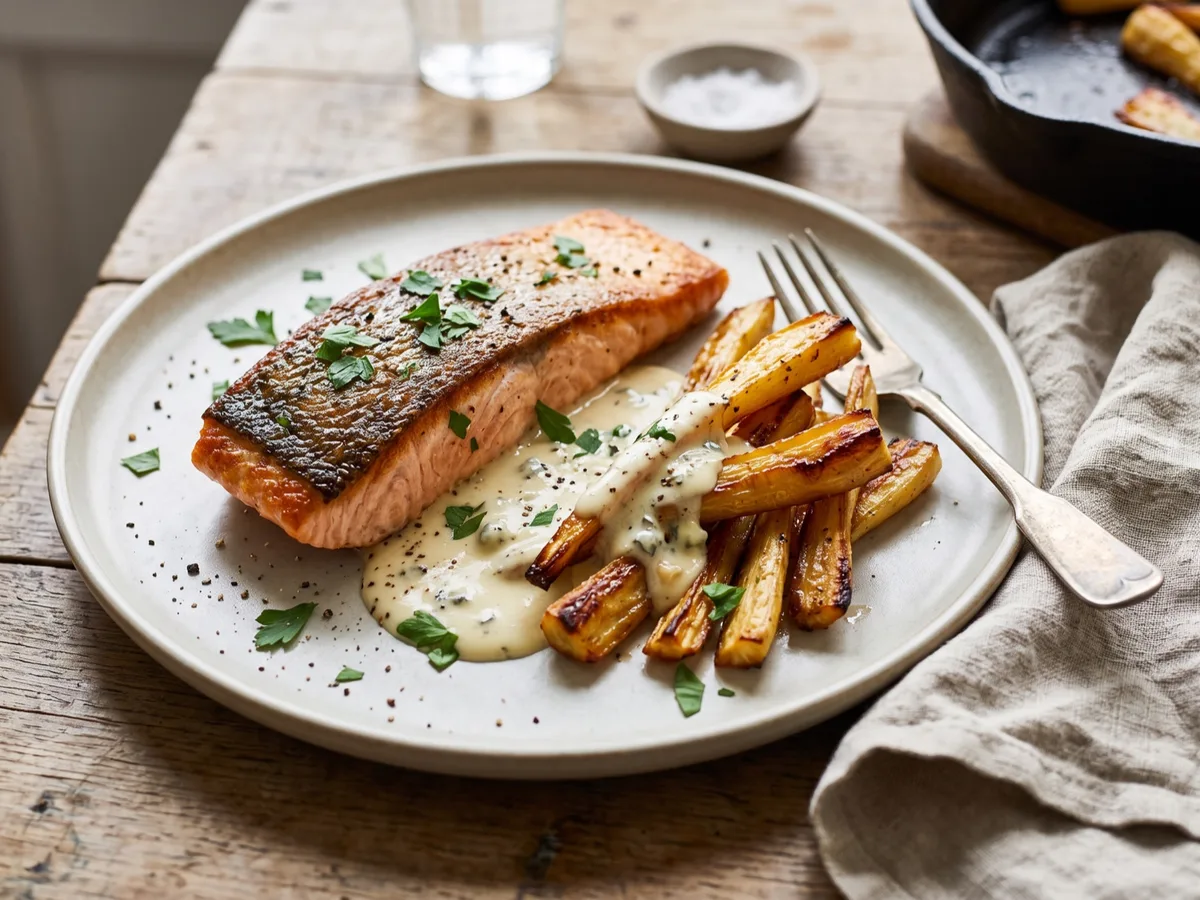 Salmon with Roasted Parsnips and Blue Cheese Sauce — recipe photo
