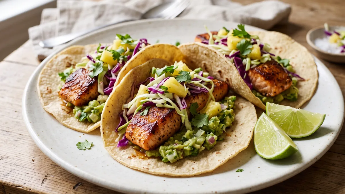 Salmon Tacos with Guacamole and Pineapple Slaw