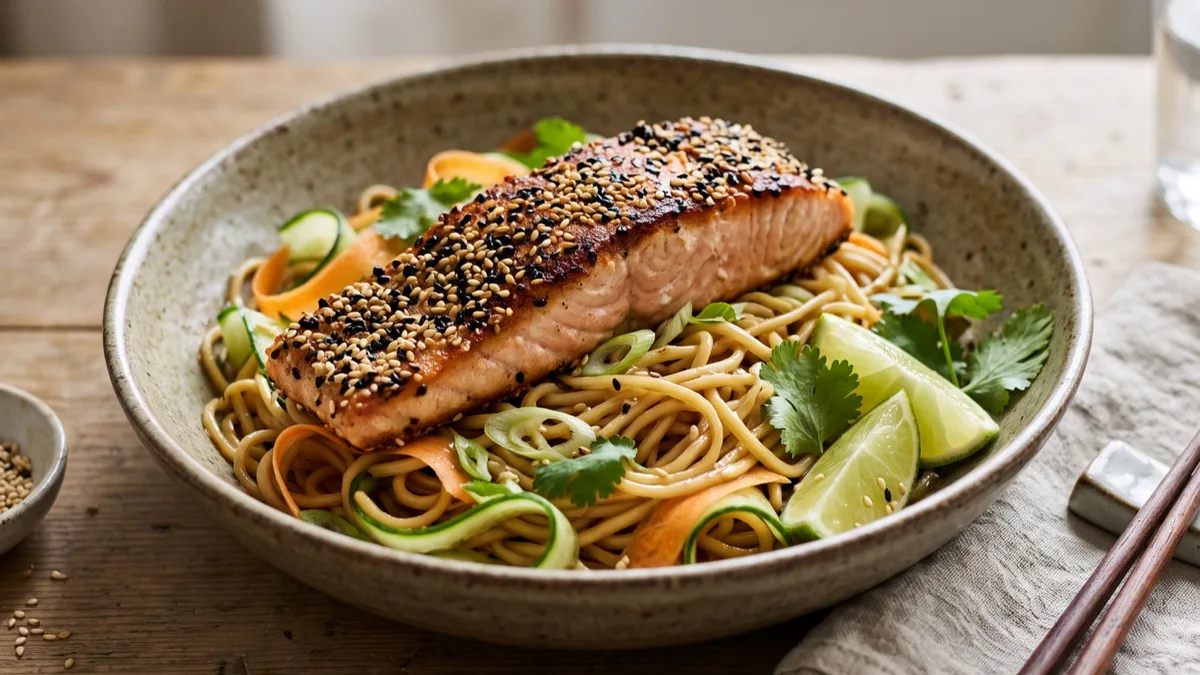 Sesame-Seared Salmon with Warm Noodle Salad, Lime and Coriander