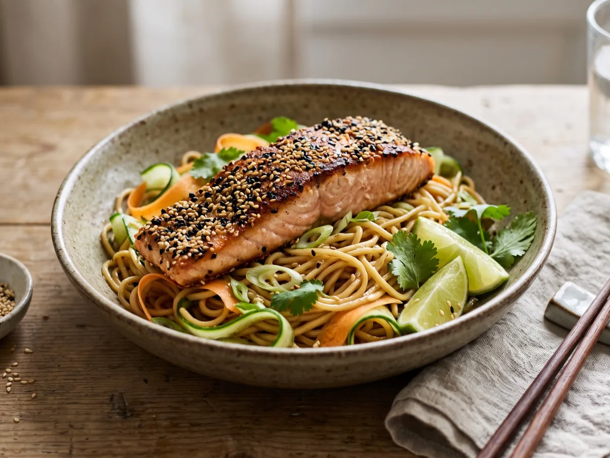 Sesame-Seared Salmon with Warm Noodle Salad, Lime and Coriander — recipe photo