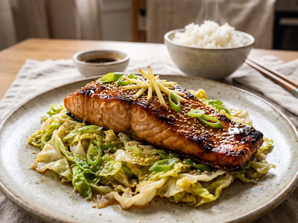 Soy and Ginger Baked Salmon with Cabbage — recipe photo