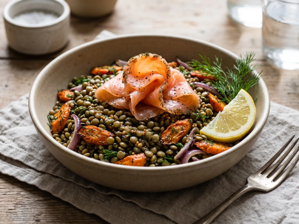 Ljummen linssallad med gravad lax — recipe photo