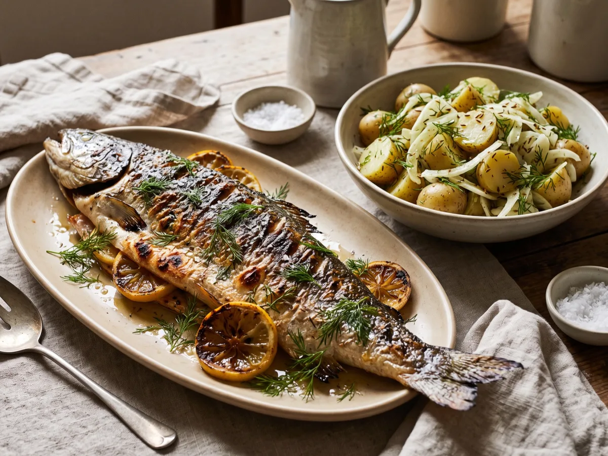 Whole Grilled Salmon with Cumin, Fennel and Dill Potato Salad — recipe photo