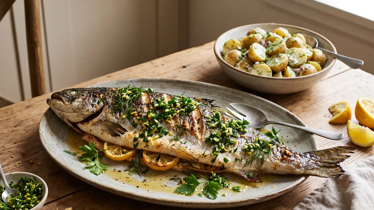 Whole-Roasted Salmon with Lemon, Potato Salad and Gremolata