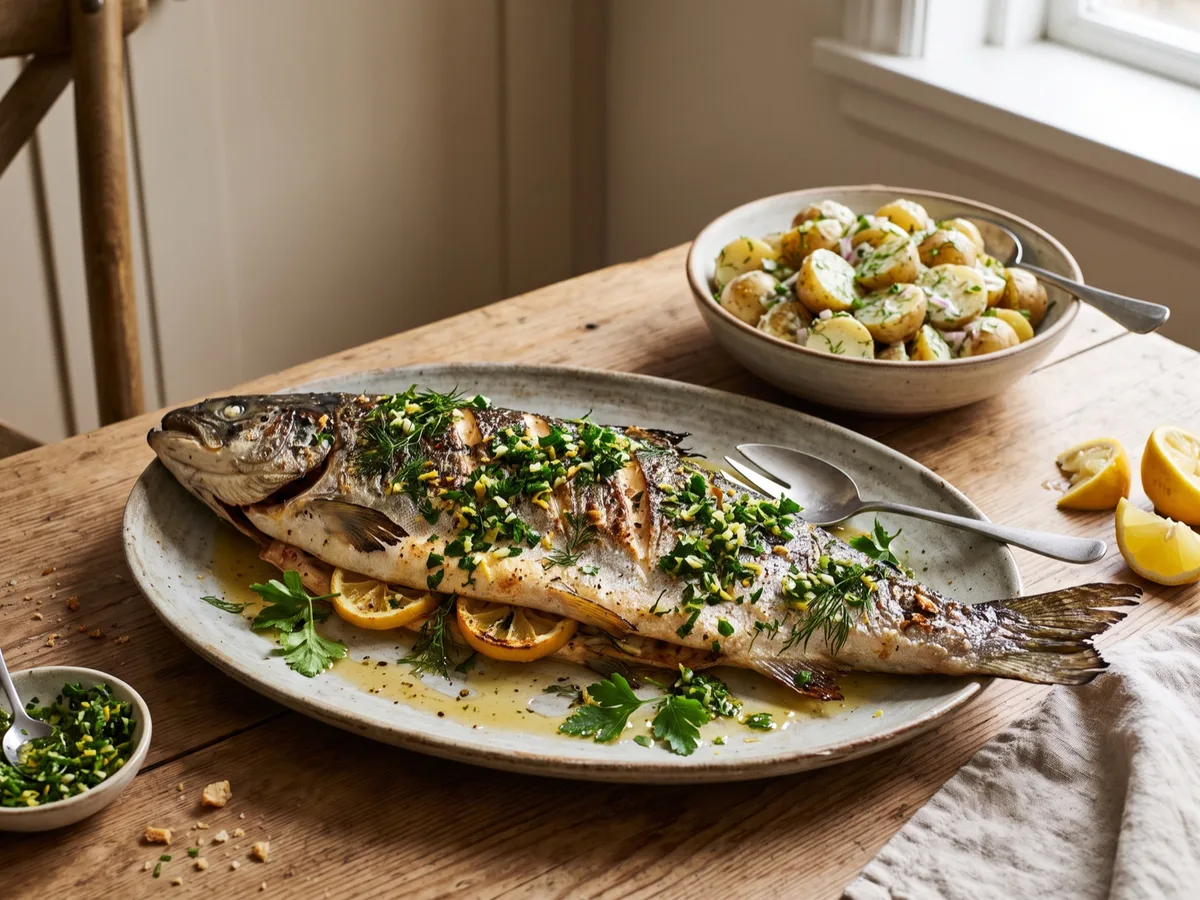 Whole-Roasted Salmon with Lemon, Potato Salad and Gremolata — recipe photo